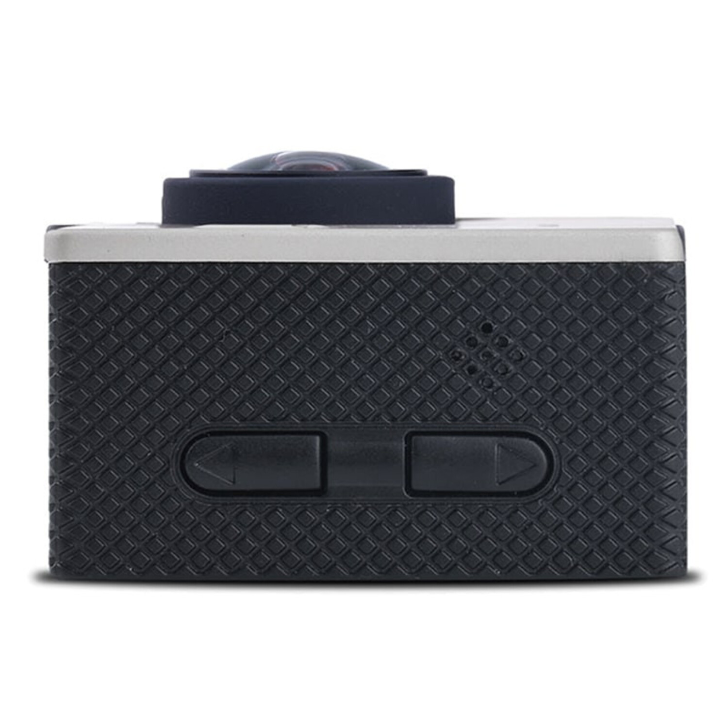 A black and silver action camera with two buttons and a lens.