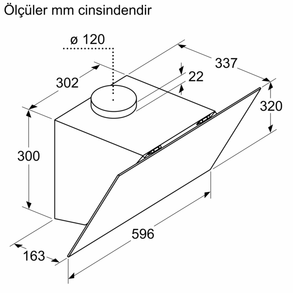 Mutfak davlumbazının milimetre cinsinden ölçüleri olan teknik çizimi.