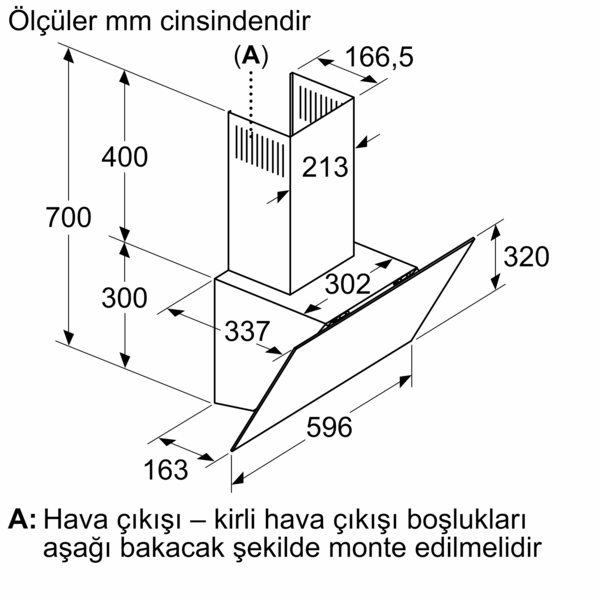 Mutfak davlumbazının milimetre cinsinden boyutlarını gösteren teknik çizimi.