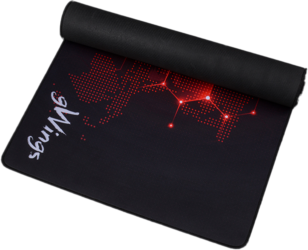 Fekete gamer egérpad piros pöttyös dizájnnal és a 'Wings' szóval fehér színben.