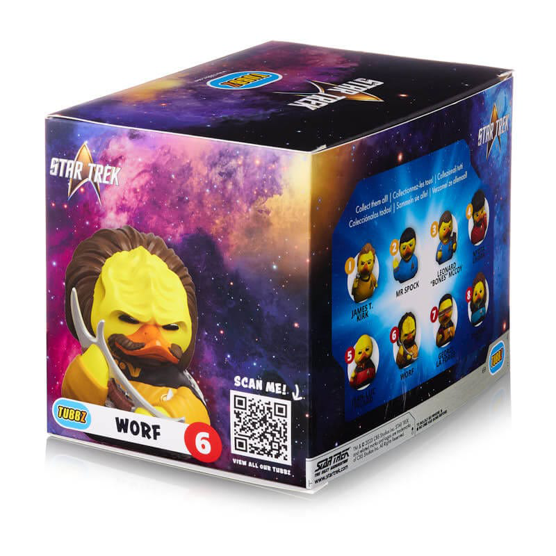 Egy Star Trek Worf figura a dobozban. A doboz más karaktereket mutat.