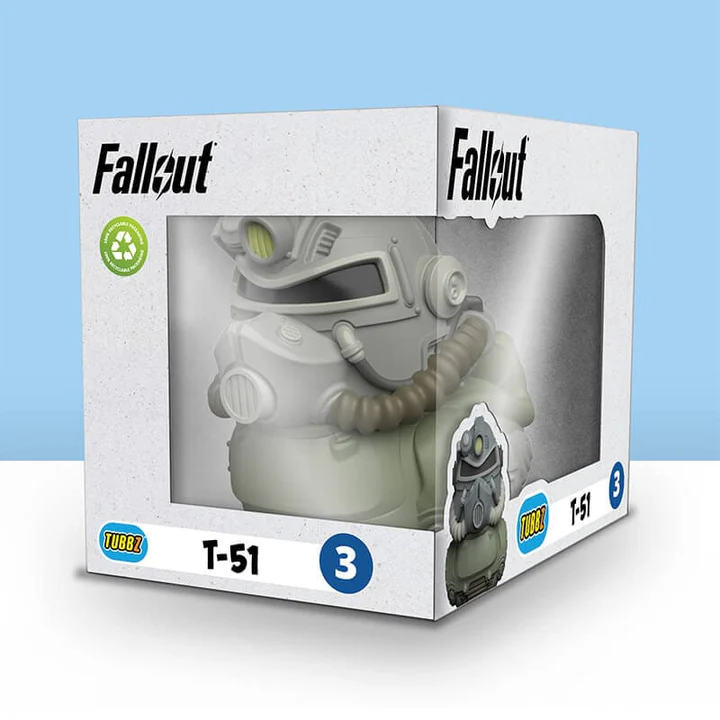 Fallout T-51 sisak egy dobozban. A dobozon Fallout logó és átlátszó ablak.