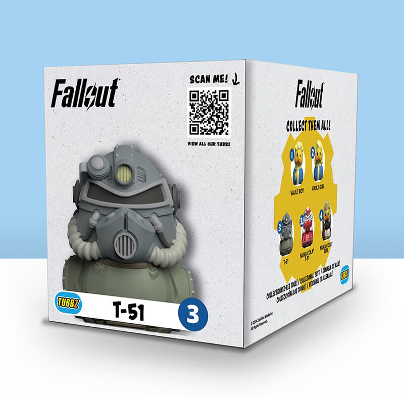 Fallout T-51 sisakfigura egy dobozban. A doboz más figurákat mutat.