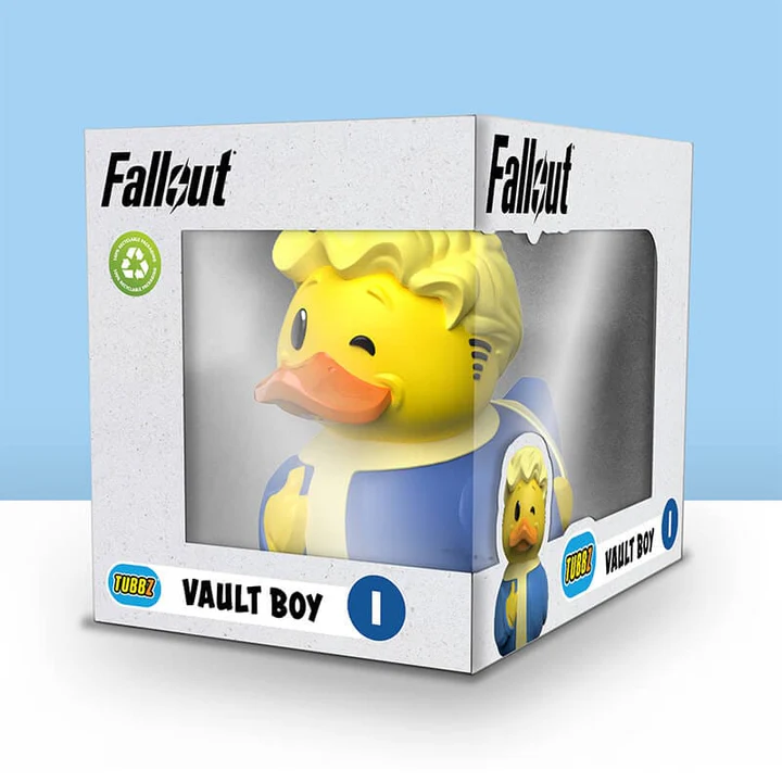 Vault Boy kacsa a dobozban, kék-sárga Fallout öltözékben.