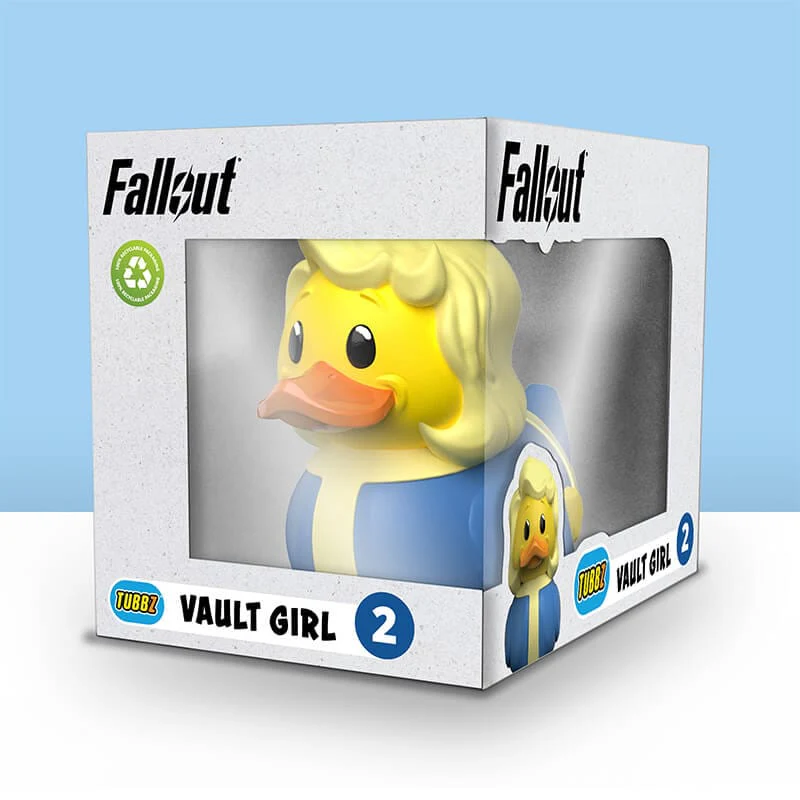 Fallout Vault Girl gumikacsa dobozban. A kacsa sárga és kék.