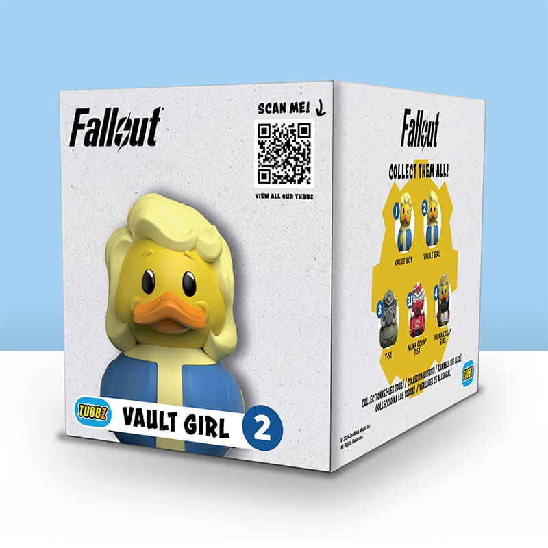 Doboz Fallout Vault Girl játékkal. A játék egy sárga kacsa szőke hajjal.