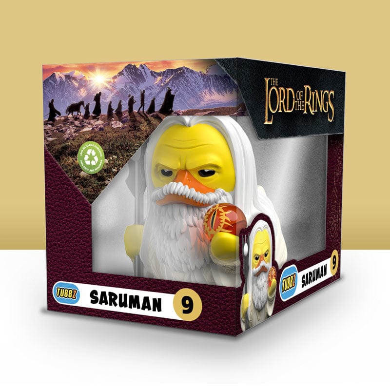 Egy Tubbz Saruman kacsa egy dobozban. A Gyűrűk Ura márka látható.
