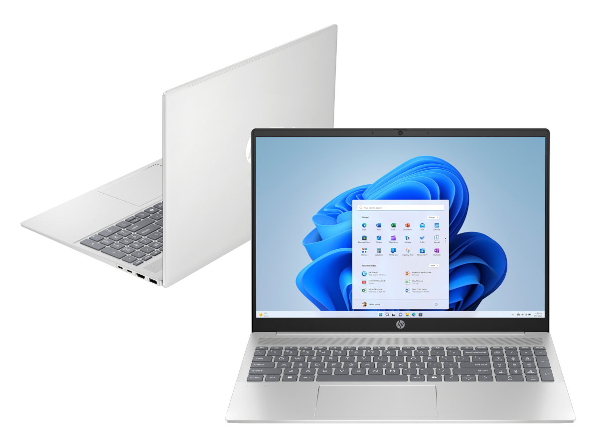 Srebrny laptop z otwartym ekranem wyświetlającym interfejs Windows 11 i drugi laptop z tyłu.