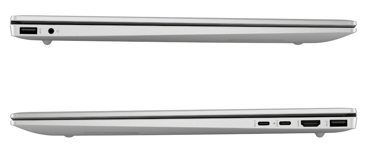 Dwa srebrne laptopy, widok z boku, pokazujący porty i funkcje. Widoki z góry i z dołu.