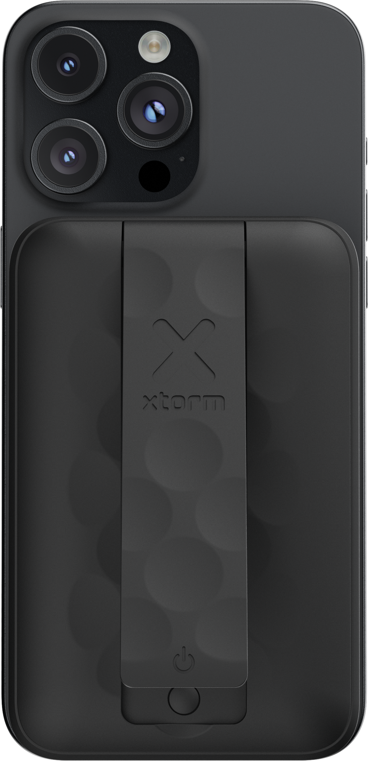Ein schwarzes Telefon mit einer angebrachten schwarzen Ladehülle. Die Hülle hat ein Logo.