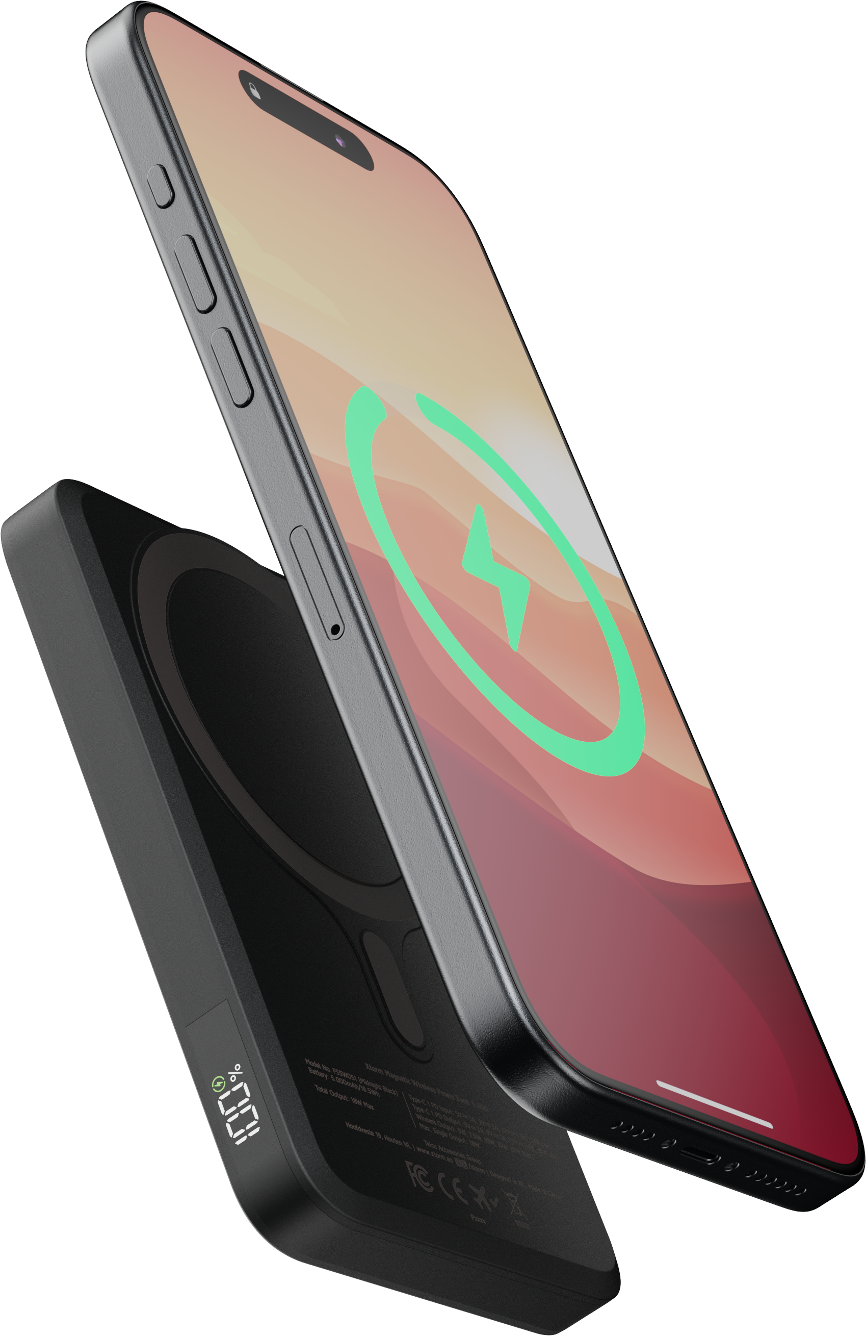 Ein Telefon, das drahtlos auf einem schwarzen Pad geladen wird, mit einem grünen Blitz auf dem Bildschirm.