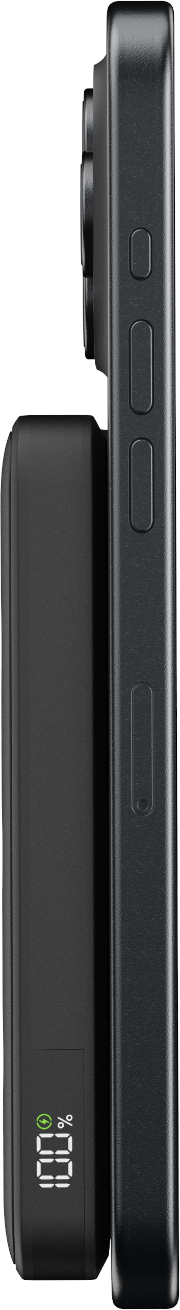 Schwarzes Telefon und eine angeschlossene schwarze Powerbank, Seitenansicht.