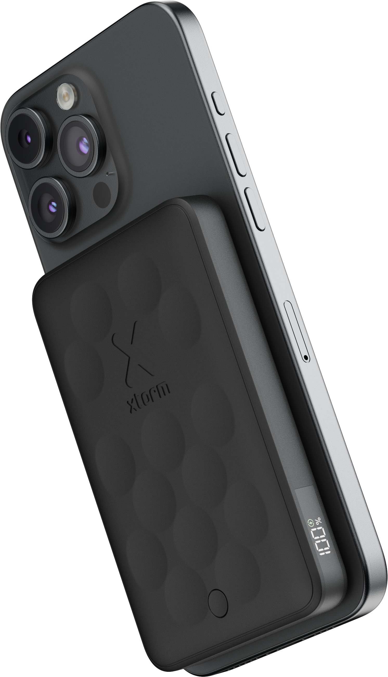 Schwarzes Telefon mit schwarzer Powerbank, Display zeigt 100%.