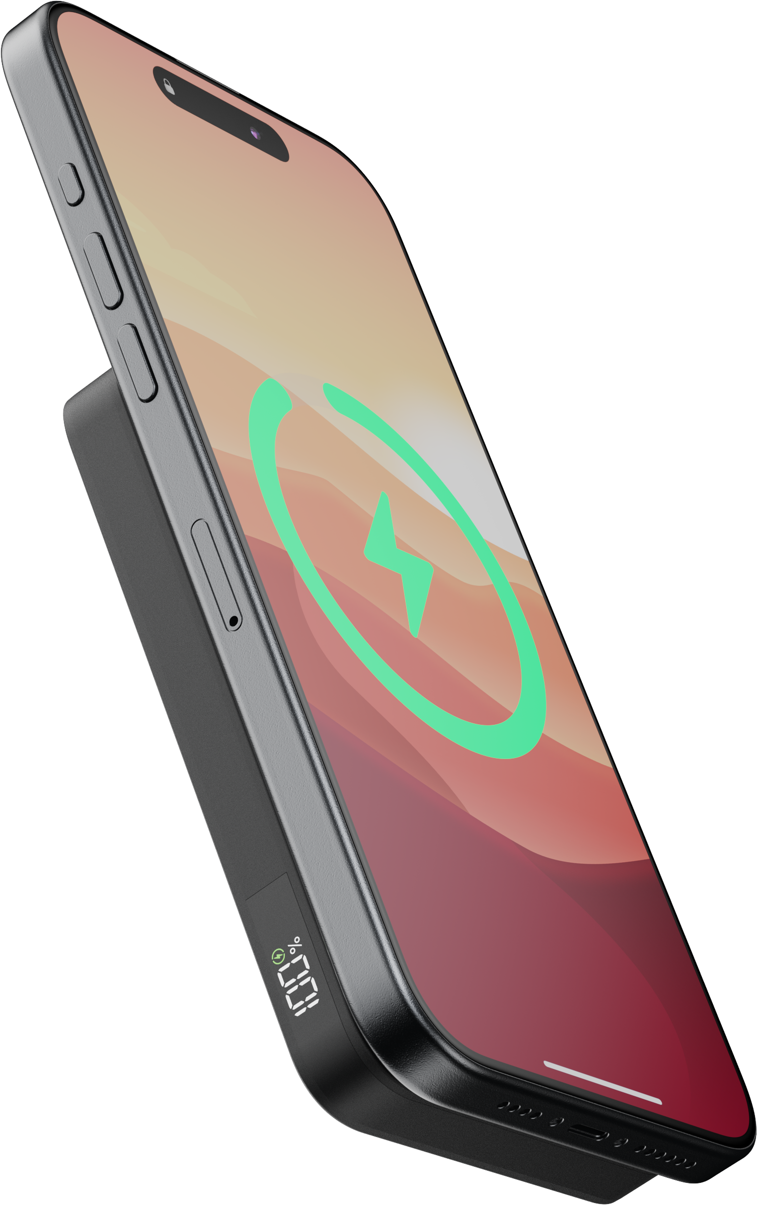 Schwarzes kabelloses Ladegerät mit einem Telefon. Telefon zeigt Ladeanimation.