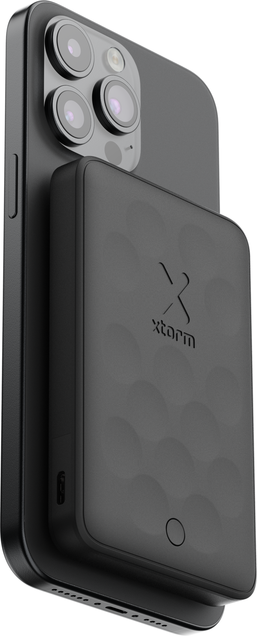 Schwarzes Telefon mit angeschlossener schwarzer Powerbank.