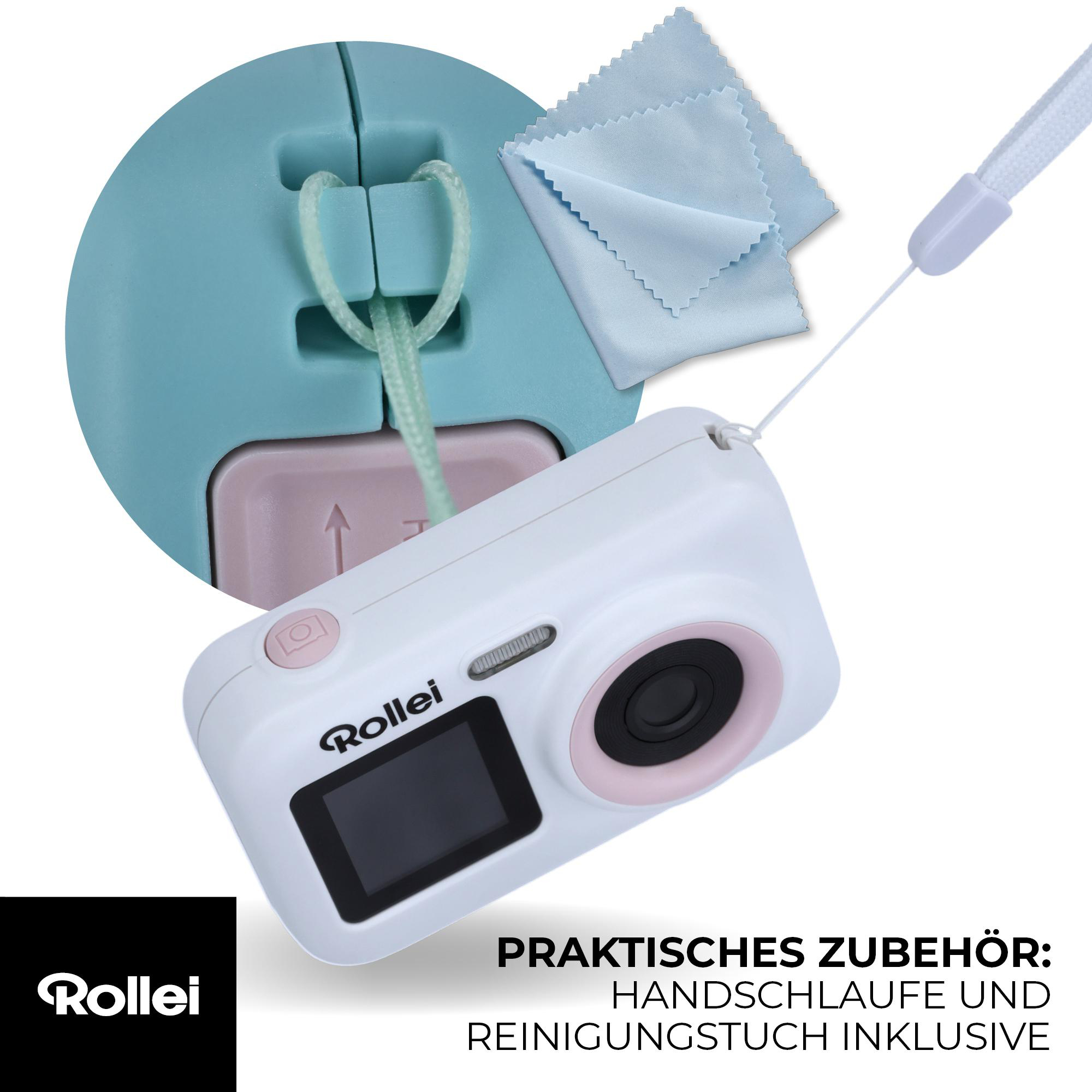 Weiße und rosa Kamera mit Zubehör, Text über praktisches Zubehör.