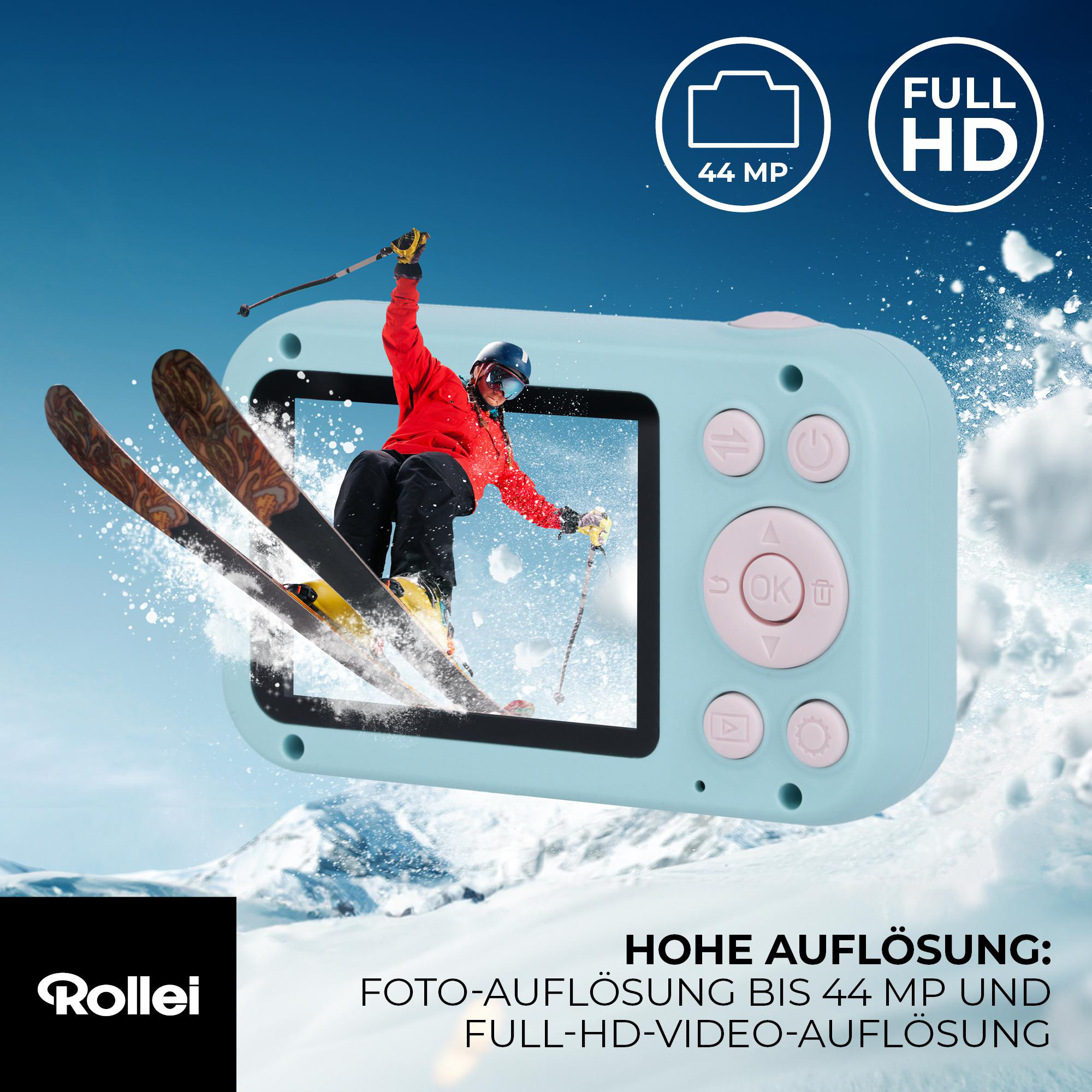Digitalkamera mit Ski-Grafik. Full HD und 44 MP Etiketten. Verschneite Bergkulisse.