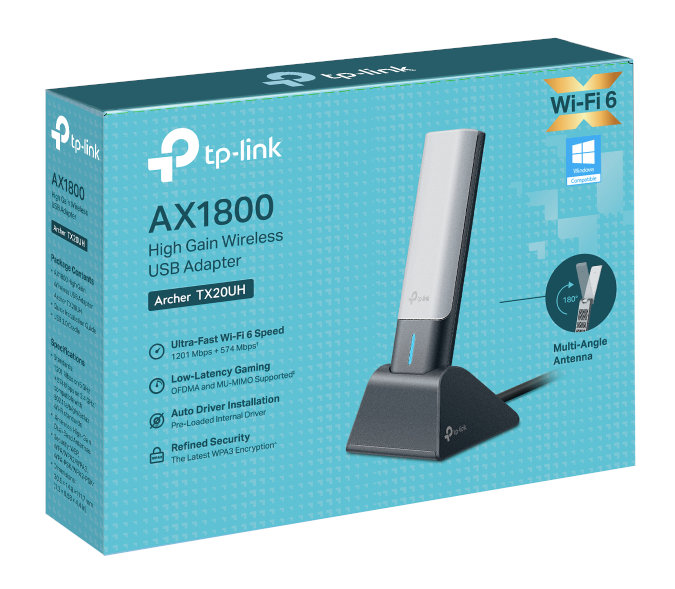 Pudełko adaptera USB bezprzewodowego. Tekst i obraz produktu na pudełku. Białe tło.