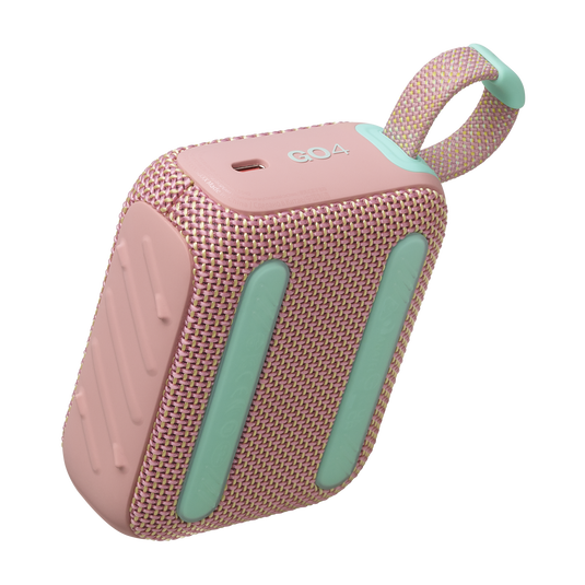 Küçük, pembe ve deniz mavisi bir hoparlör, bir tutma sapı ile.