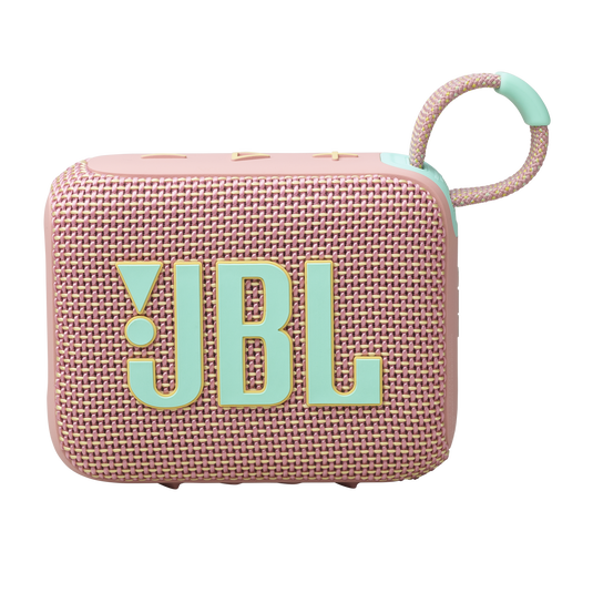 Nane yeşili saplı ve JBL logolu pembe ve nane yeşili JBL hoparlör.