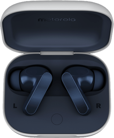 Motorola vezeték nélküli fülhallgató töltőtokban, sötétkék és szürke színösszeállítás.