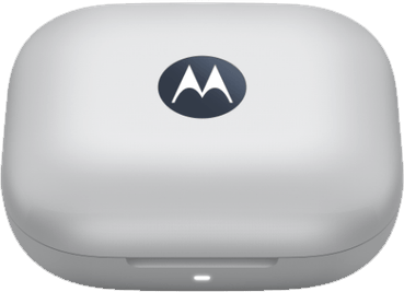 Motorola vezeték nélküli fülhallgató töltőtok, fehér, tetején Motorola logóval.