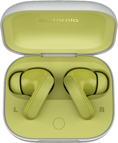 Limettengrüne Motorola-Ohrhörer in einem offenen weißen Ladecase, mit sichtbarem Markennamen.