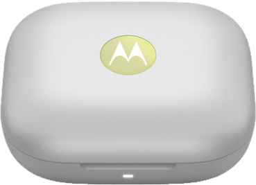 Ein weißes, ovales Ladecase mit dem Motorola-Logo. Das Case ist geschlossen.