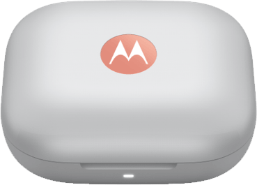 Ein weißes Motorola-Ladecase mit dem Motorola-Logo in Orange. Das Case ist geschlossen.