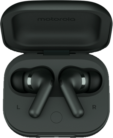 Fekete Motorola fülhallgatók a töltőtokban. A tok nyitva van, látszanak a fülesek.