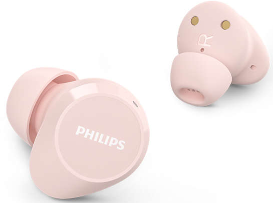 Két rózsaszín Philips true wireless fülhallgató, szögből és közelről, fehér háttér előtt.