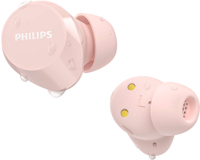 Rózsaszín vezeték nélküli fülhallgató pár vízcseppekkel, a Philips márkalogóval.