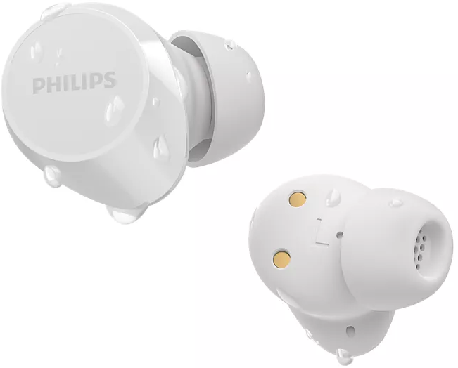 Két fehér Philips fülhallgató vízcsepp hatással. Az egyik a belső részleteket mutatja.