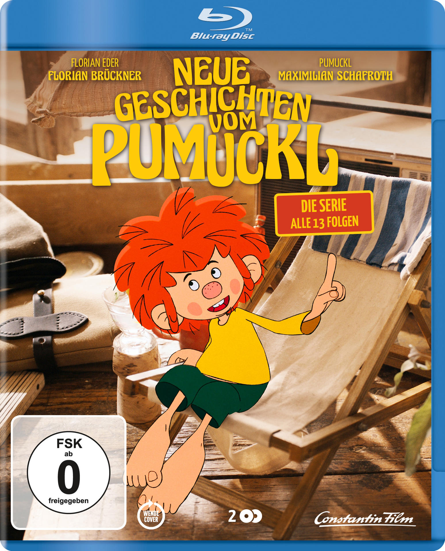 Eine DVD-Hülle von 'Neue Geschichten vom Pumuckl' mit einem Cartoon-Pumuckl auf einem Liegestuhl.