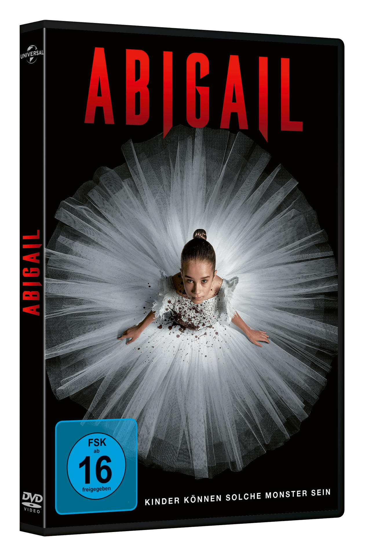 DVD-Hülle für den Film Abigail. Ein Mädchen in weißem Kleid vor schwarzem Hintergrund.