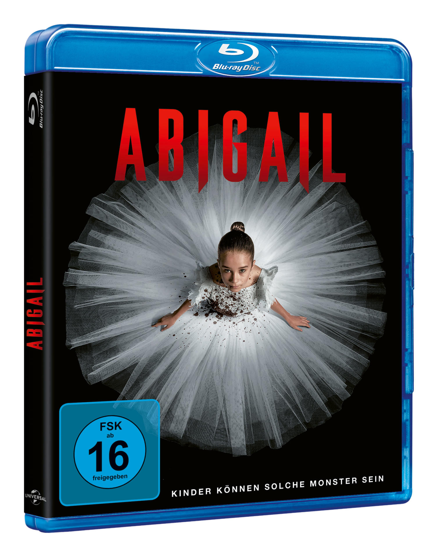 Filmcover für Abigail. Ein Mädchen in einem weißen Kleid mit blutigem Gesicht.