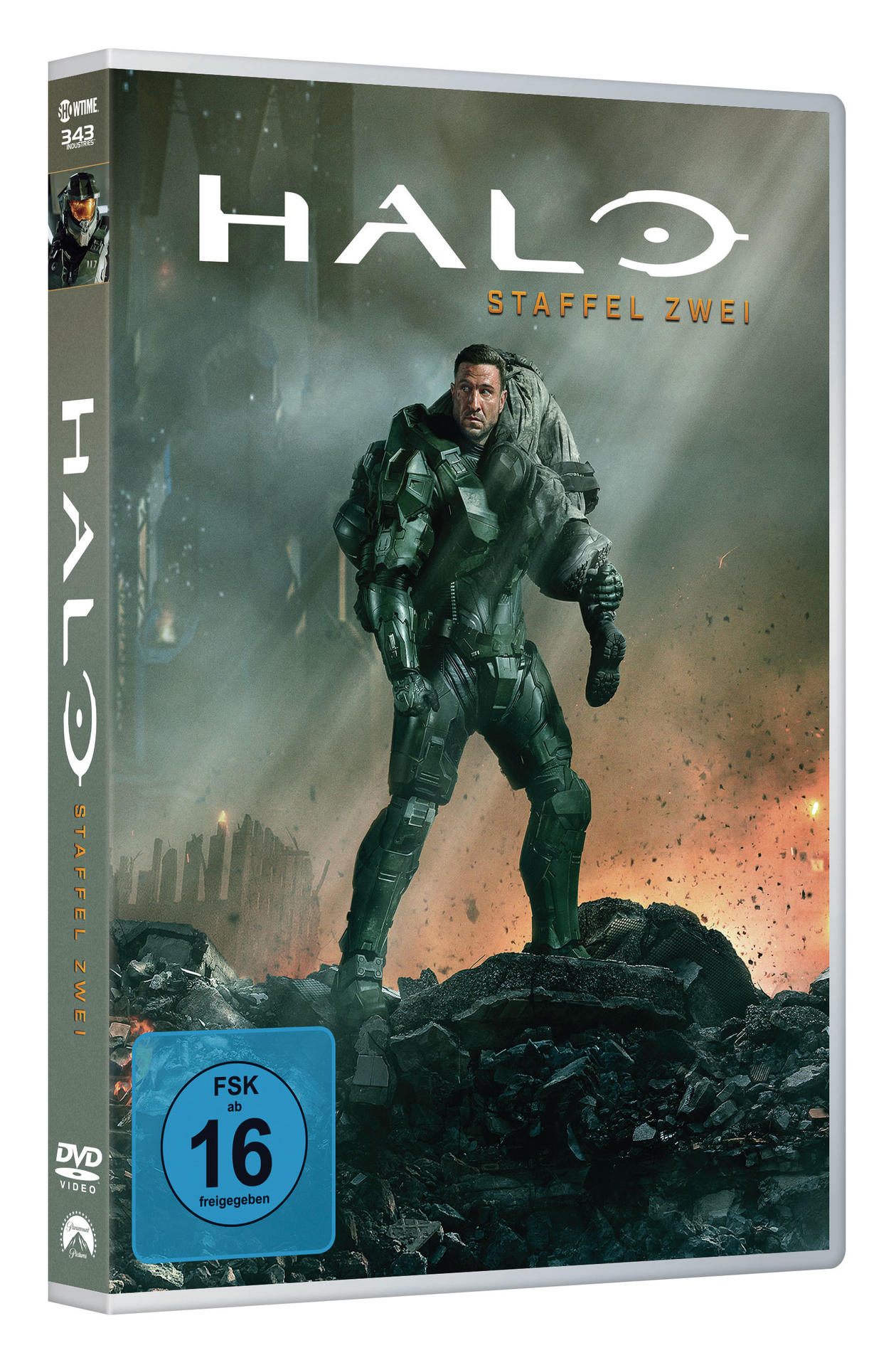 DVD-Cover für HALO Staffel Zwei. Ein Soldat hält einen anderen in grüner Rüstung vor einem Gebäude.