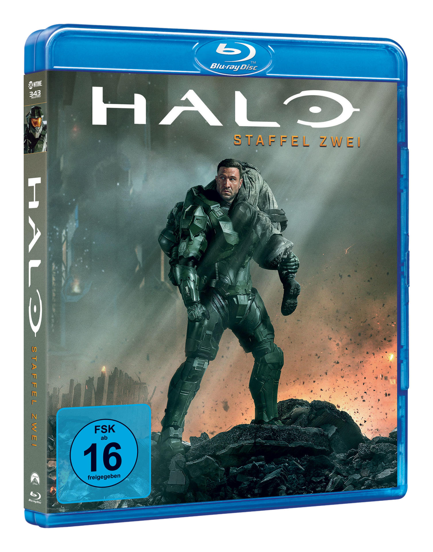 Ein Blu-ray-Cover für Halo, mit einem Bild eines Soldaten in grüner Rüstung.