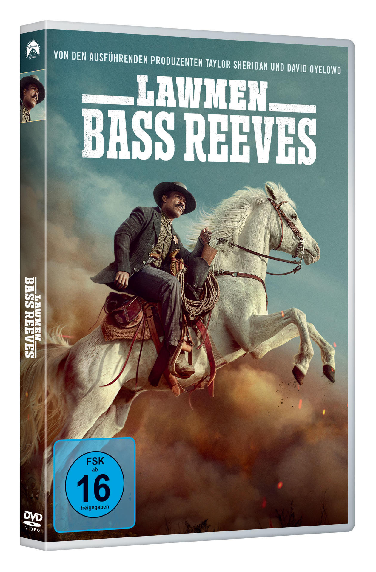 DVD-Cover: Ein Mann auf einem weißen Pferd, mit Hut und Mantel. Der Titel lautet Lawmen: Bass Reeves.