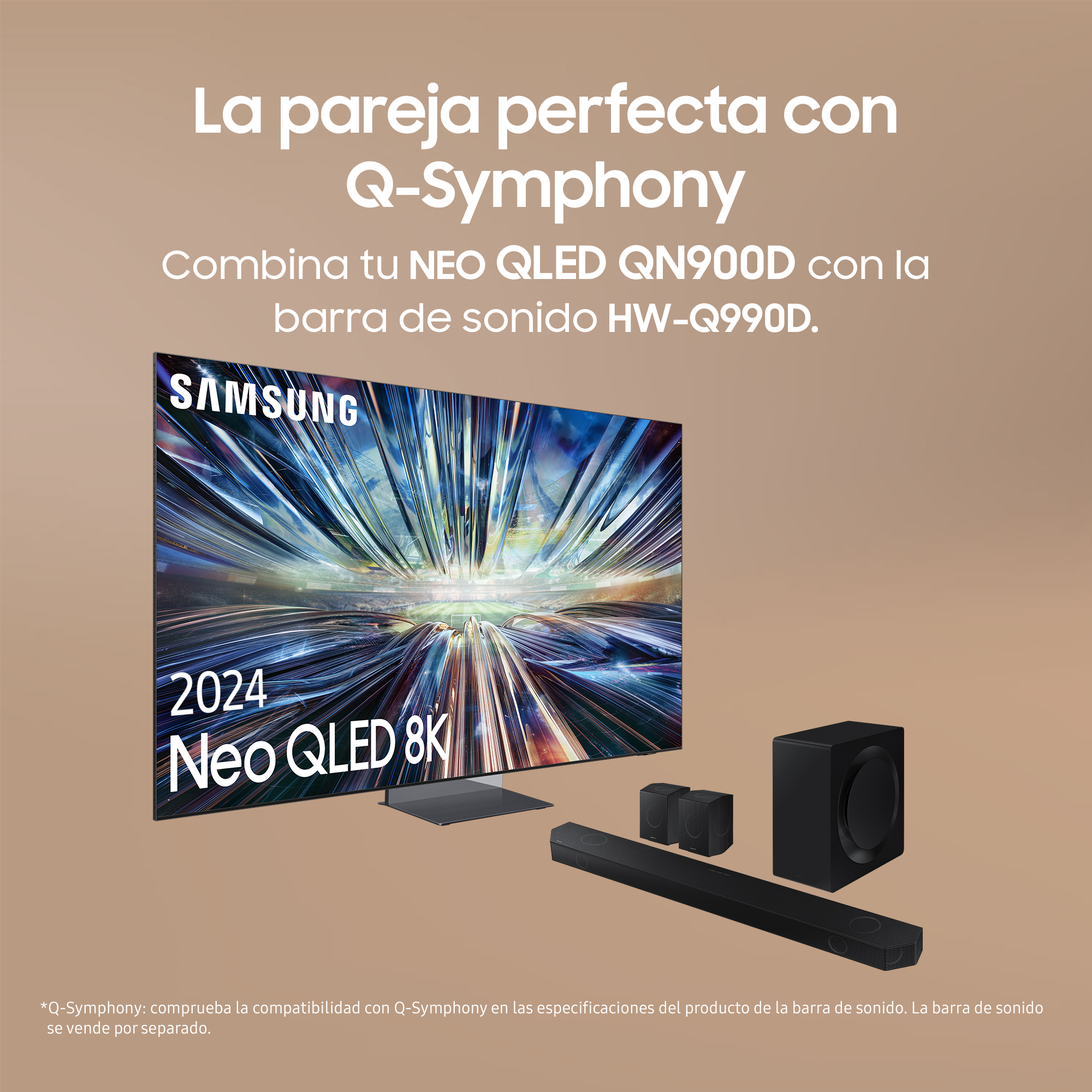 Un televisor con barra de sonido y dos altavoces, con texto en español.