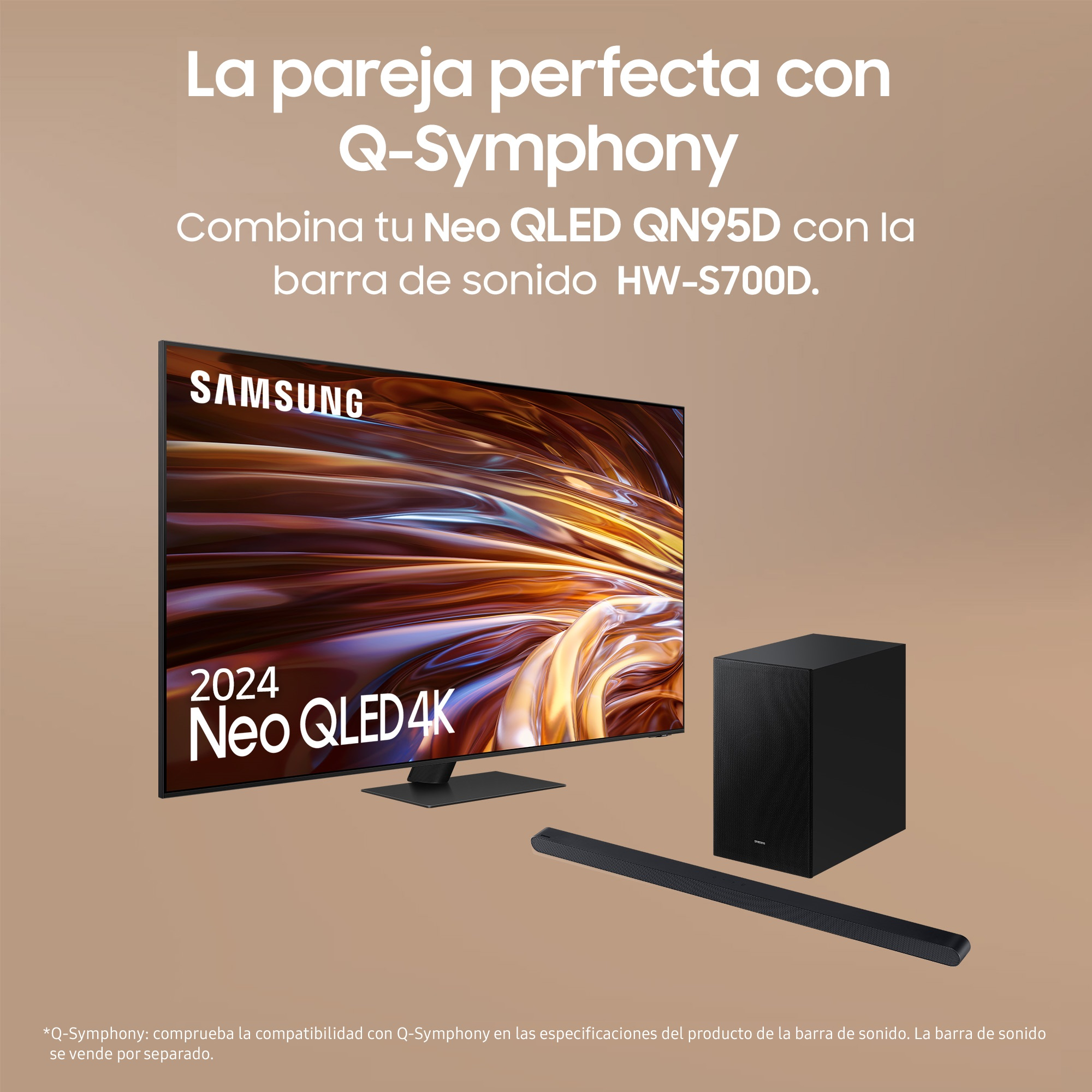 Un televisor negro y una barra de sonido sobre un fondo beige. El texto dice 'Q-Symphony' y 'Neo QLED'.