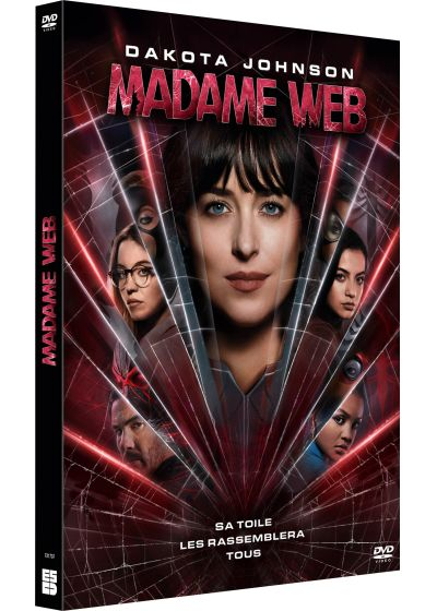 Madame Web dvd-hoes. Dakota Johnsons gezicht in het midden, omringd door anderen. Rood en zwart ontwerp.