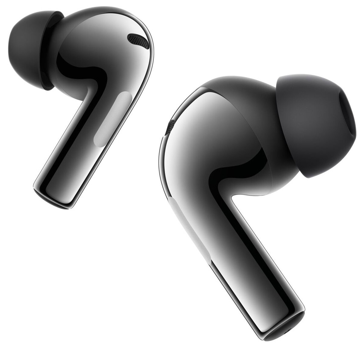 Dwa czarne, błyszczące bezprzewodowe słuchawki douszne z widokiem z boku.