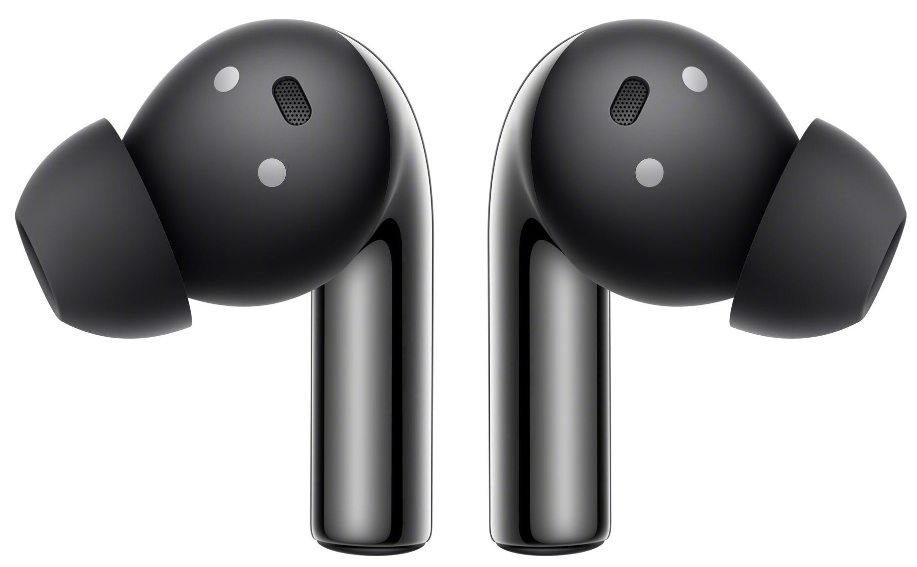 Dwa czarne bezprzewodowe słuchawki na białym tle, skierowane w stronę widza.