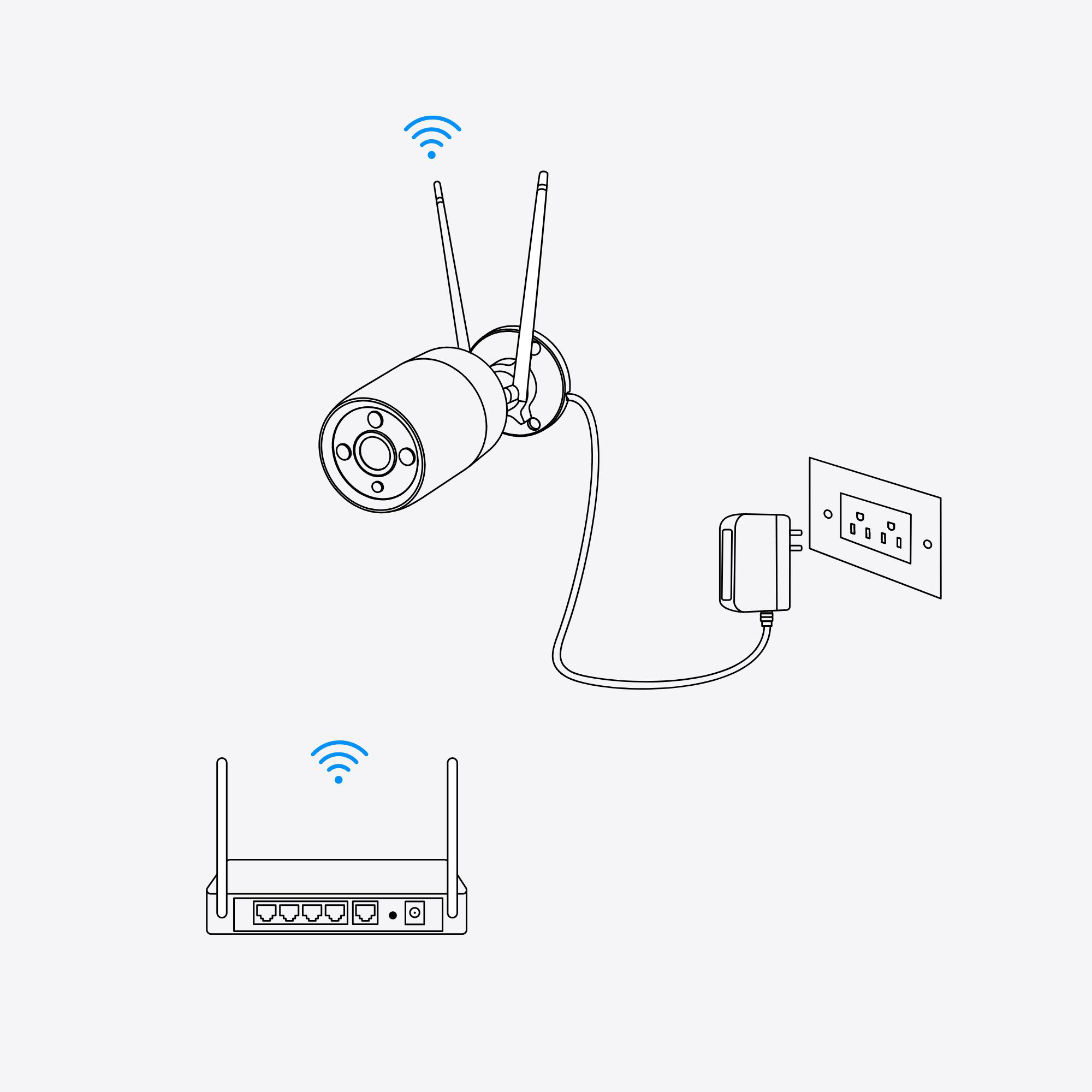 Strichzeichnung eines Sicherheitskamerasystems mit Router und Steckdose.