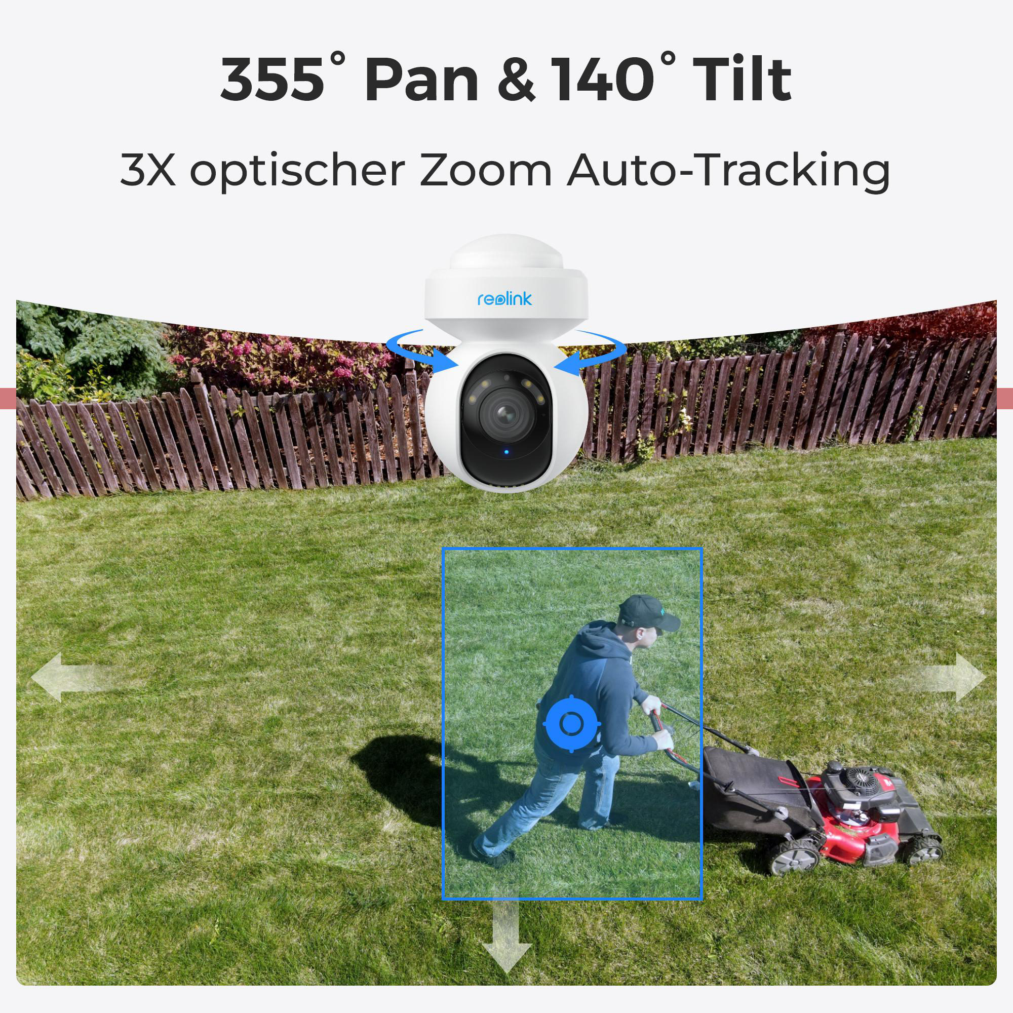 Weiße Überwachungskamera, Text: 355° Pan & 140° Tilt, 3X optischer Zoom Auto-Tracking. Mann mäht Rasen.
