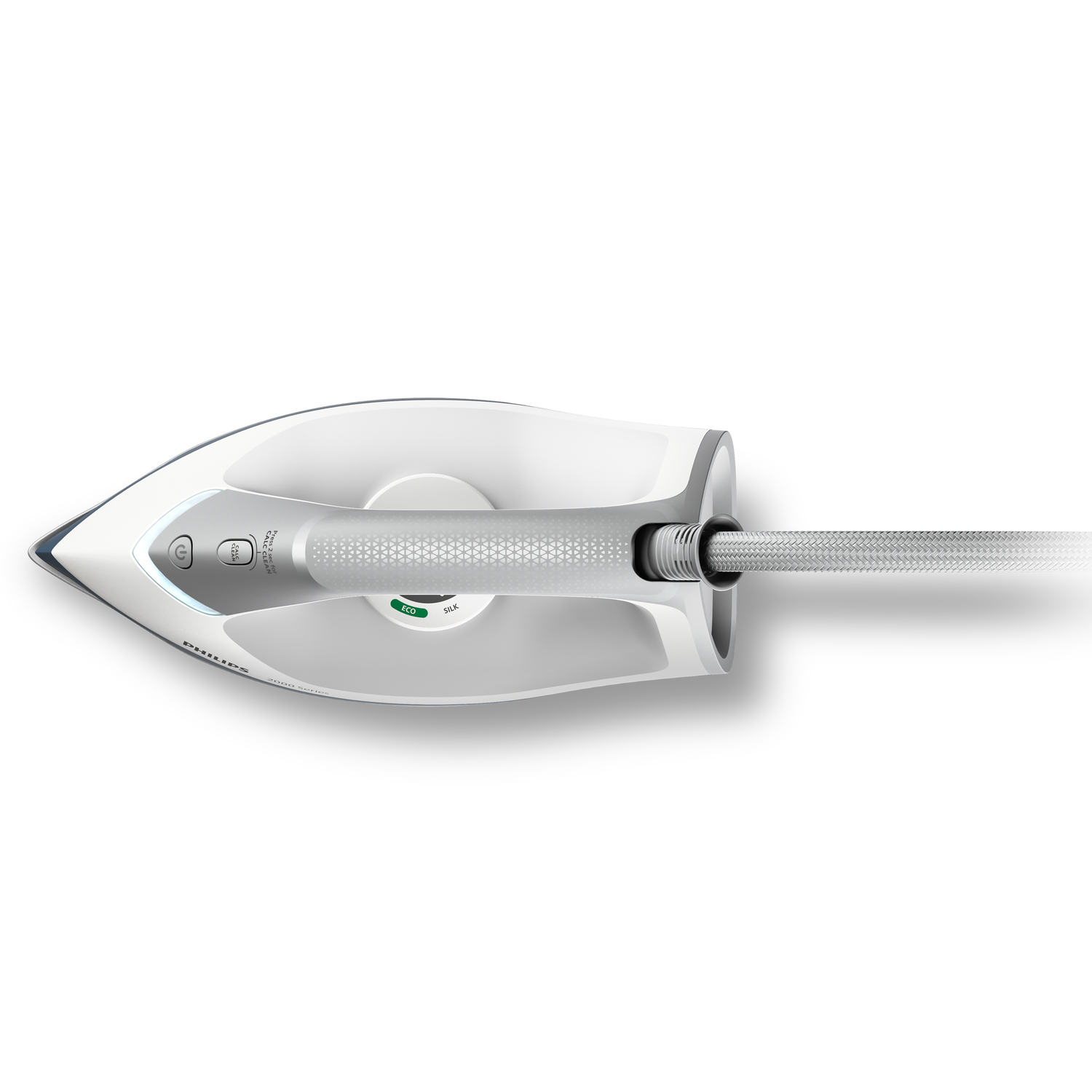 Top view of a white and gray iron with a silver cord extending from it.
