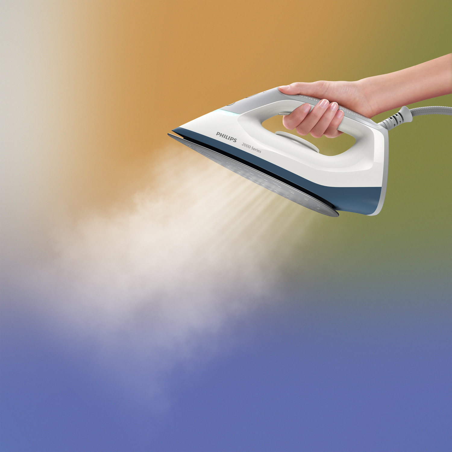 Hand holding a white and blue iron, steam coming out, against a colored background.