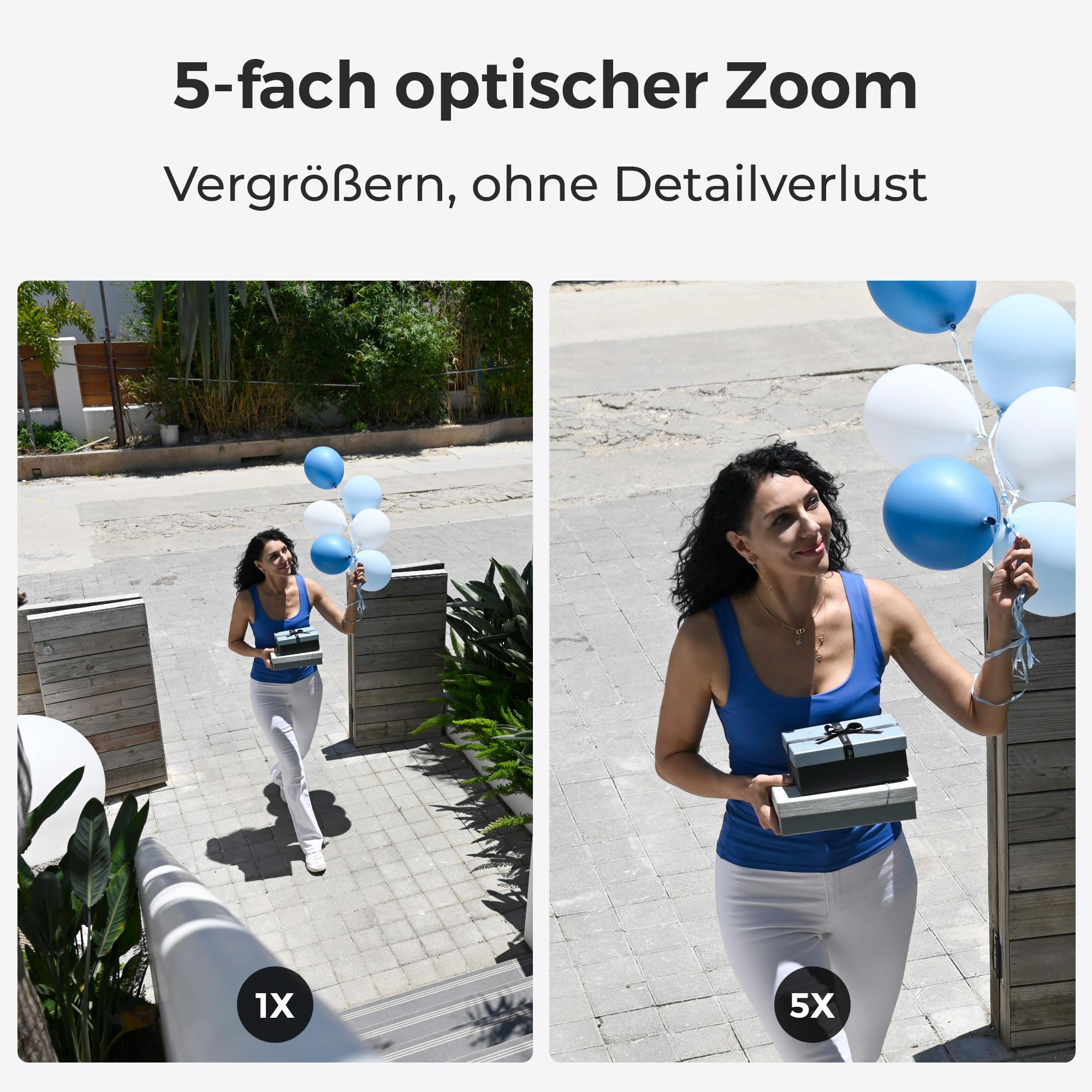 Bild zeigt eine Frau mit Ballons, mit 1x und 5x Zoom-Vergleichen.