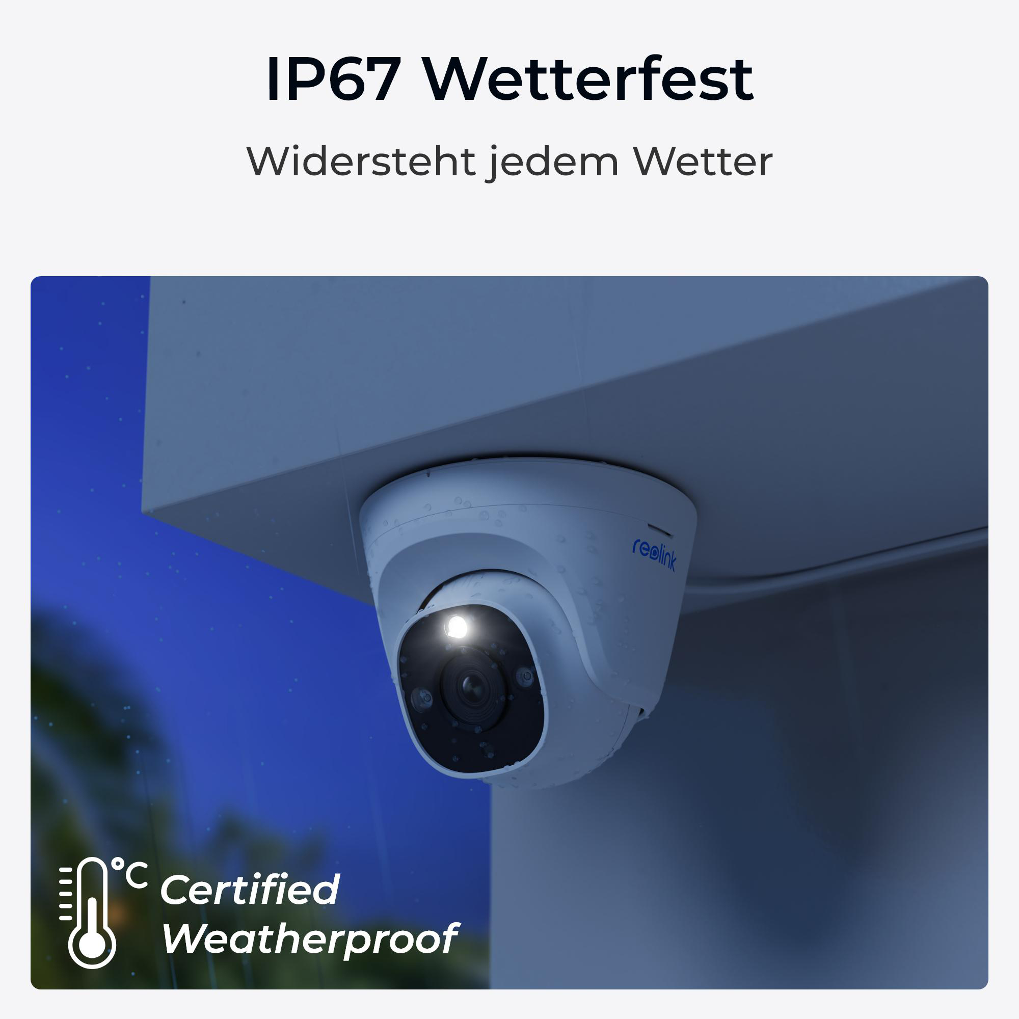 Eine wetterfeste Überwachungskamera mit hellem Licht, an einer Wand.
